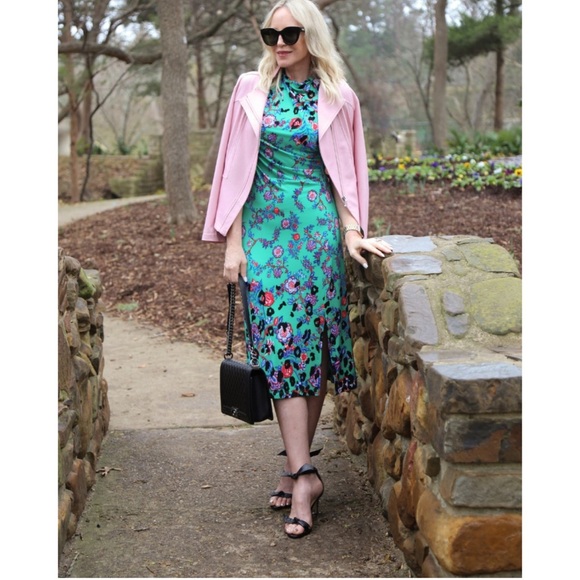 NWT Clara Sunwoo Green Floral Animal Print Midi Dress Large Ruched Cap Sleeve - Picture 1 of 9